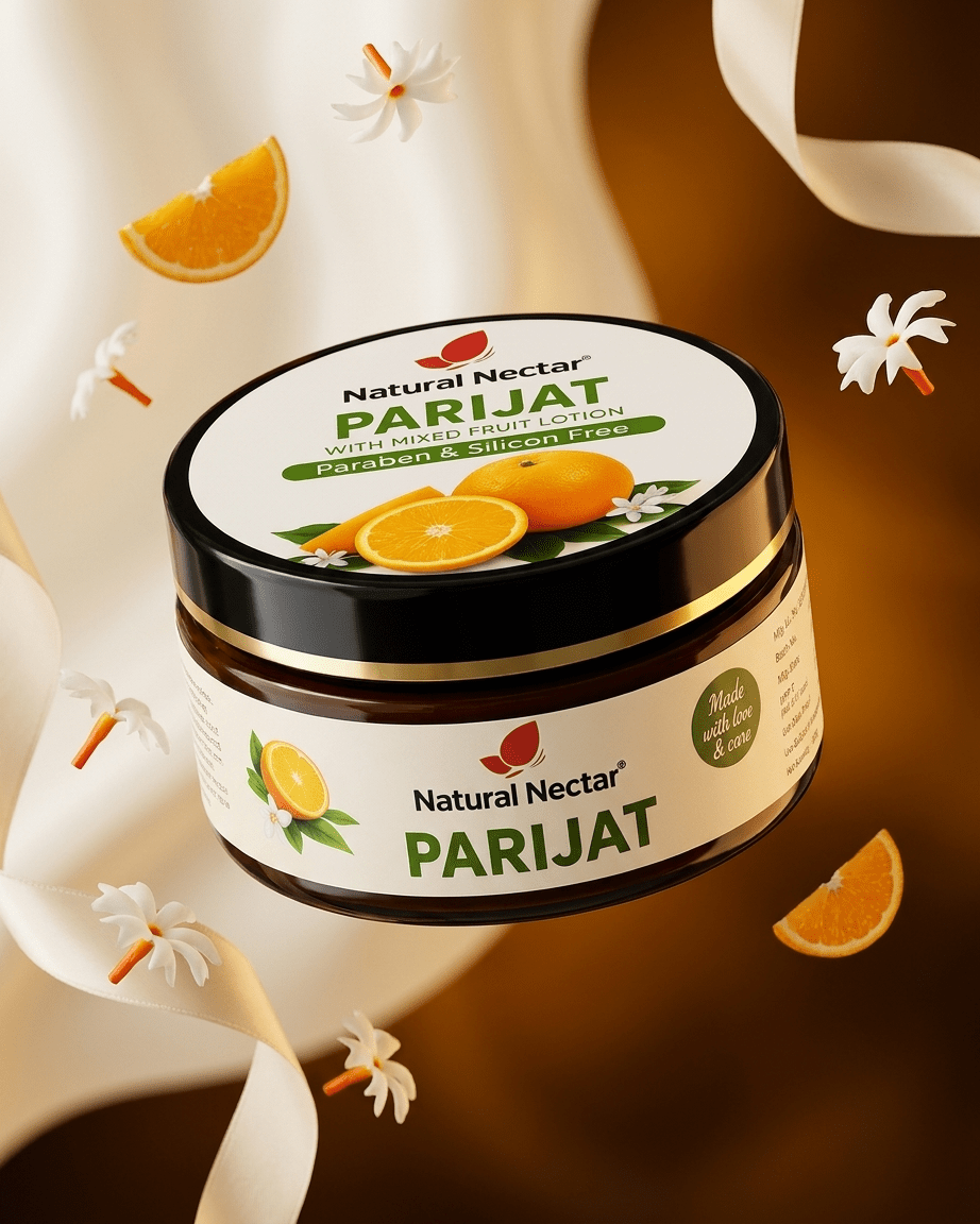 Natural Nectar Parijat Moisturizer jar on neutral background with botanical elements.
