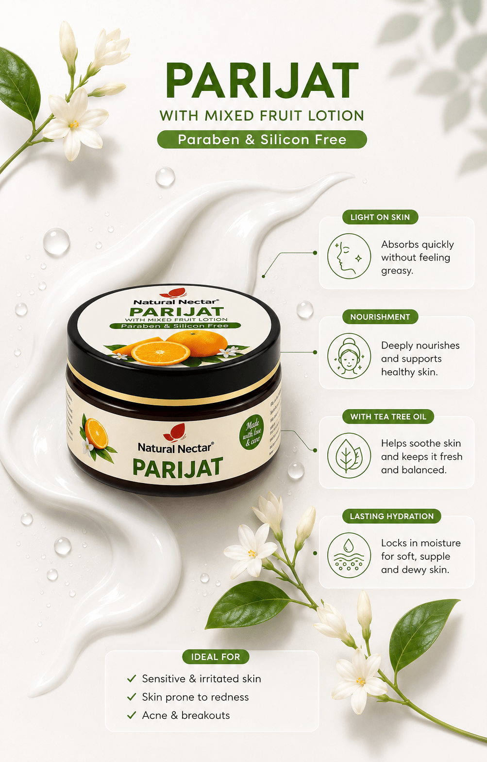 Natural Nectar Parijat Moisturizer in lifestyle composition with soft background.