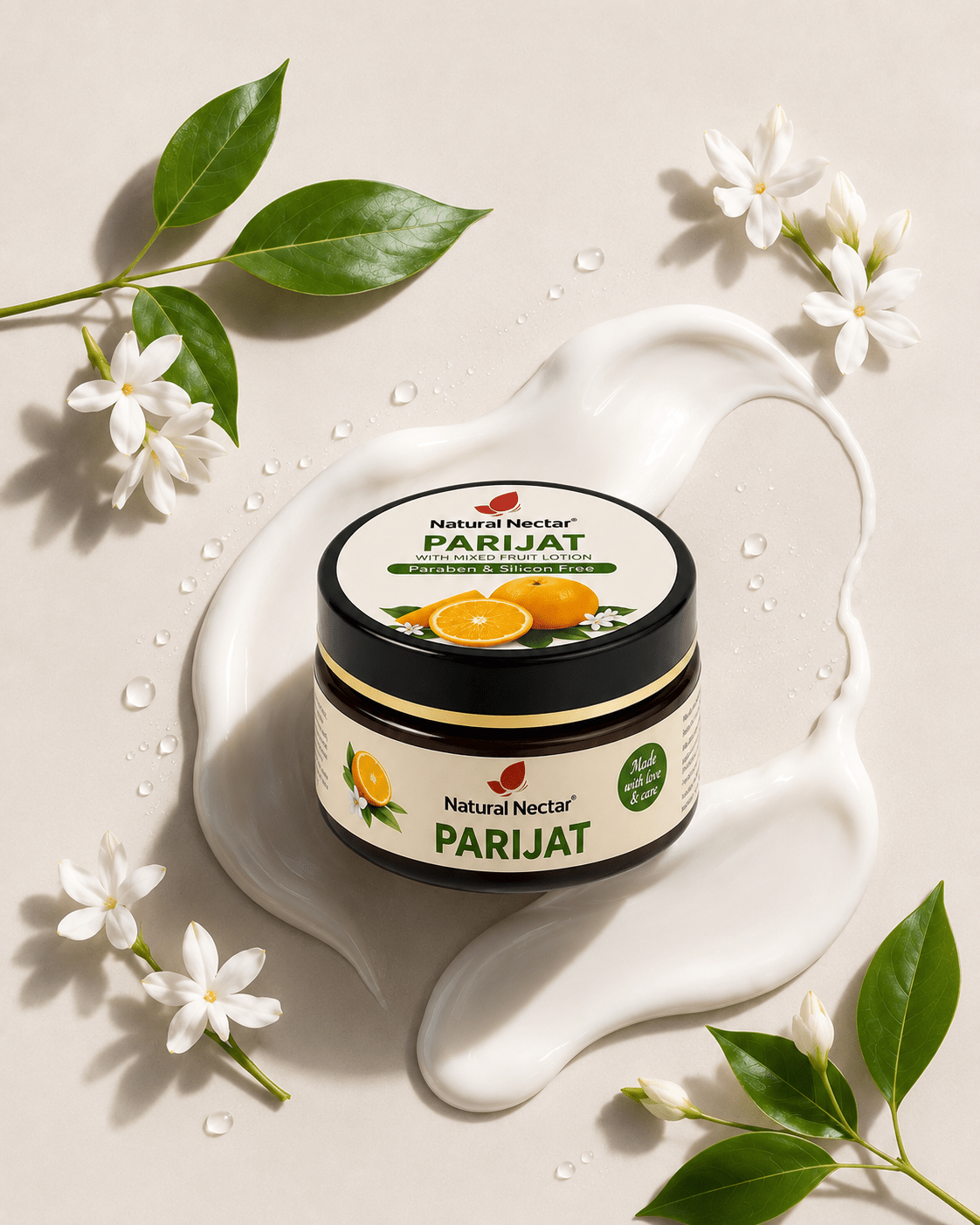 Natural Nectar Parijat Moisturizer jar centered with cream-colored moisturizer visible.
