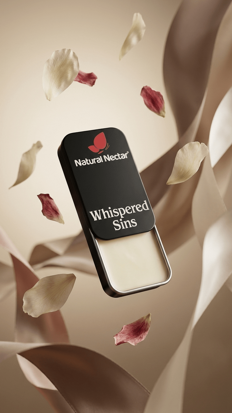 Natural Nectar Whispered Sins Patchouli Floral Solid Perfume on neutral background.