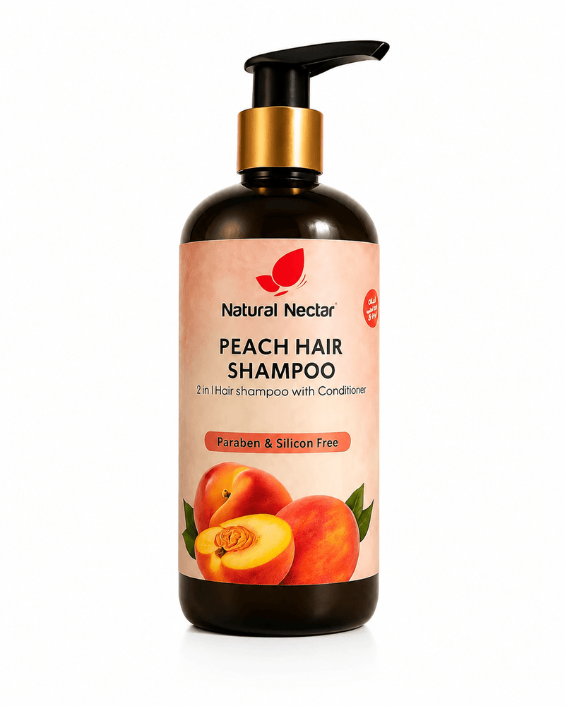 Natural Nectar Peach 2-in-1 Hair Shampoo with Conditioner in a dark brown pump bottle with a gold collar and peach-colored label featuring peach illustrations.