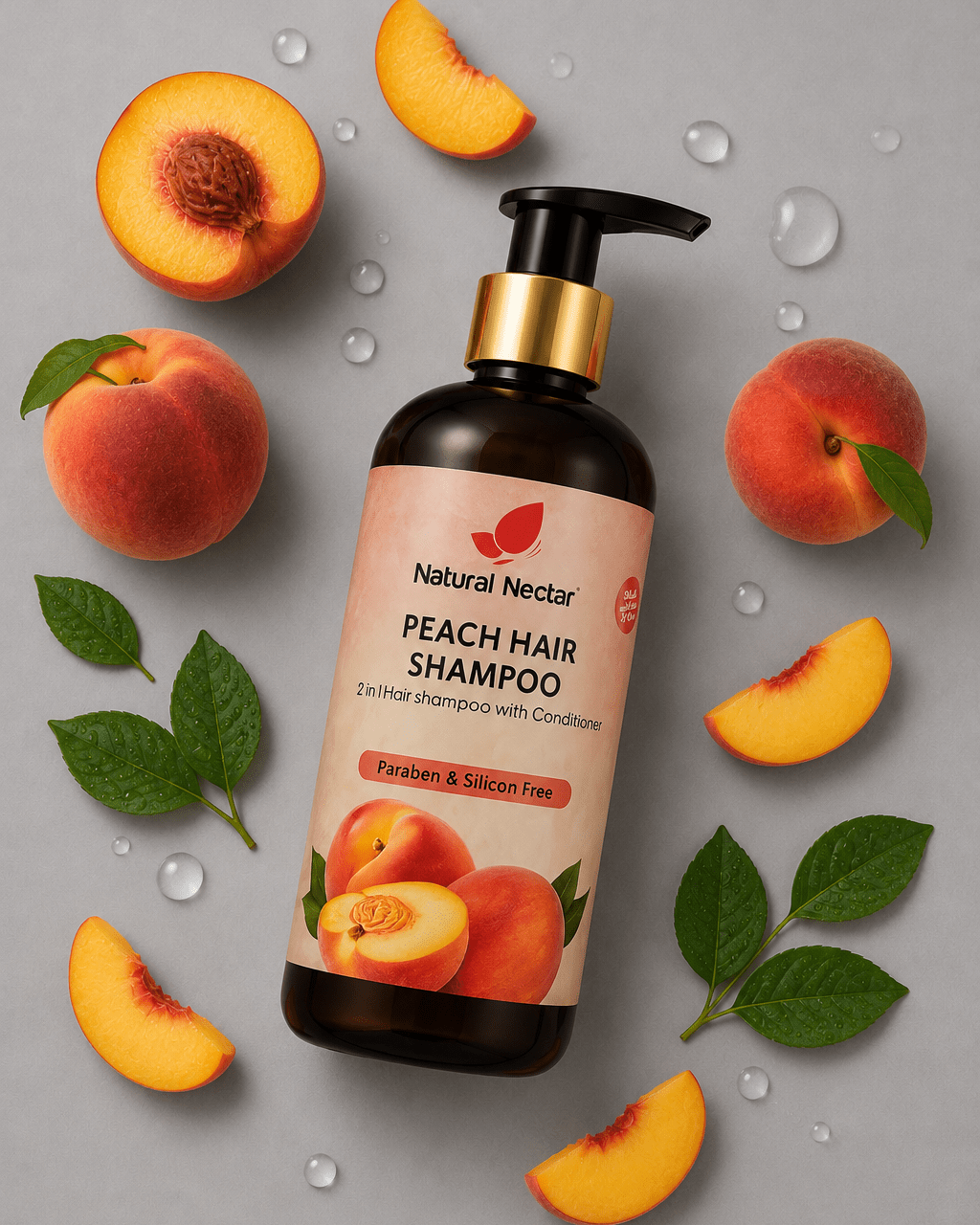 Flat-lay of Natural Nectar Peach Shampoo on grey background surrounded by fresh peaches, peach slices and green leaves.