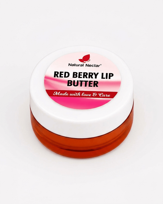 Natural Nectar Red Berry Lip Butter in lifestyle shot with berry-inspired styling.