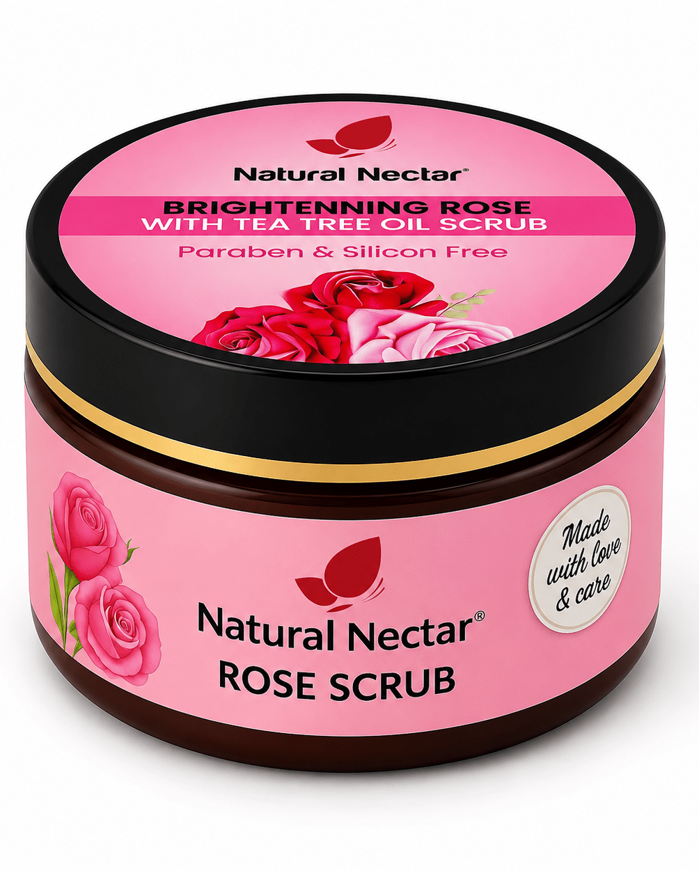 A jar of Natural Nectar Rose Face and Body Scrub with pink label and rose illustrations, black lid with gold band.