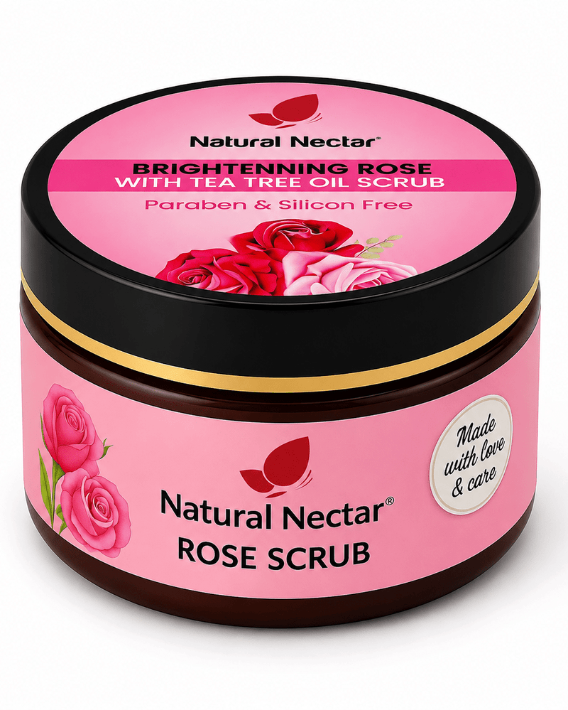 A jar of Natural Nectar Rose Face and Body Scrub with pink label and rose illustrations, black lid with gold band.
