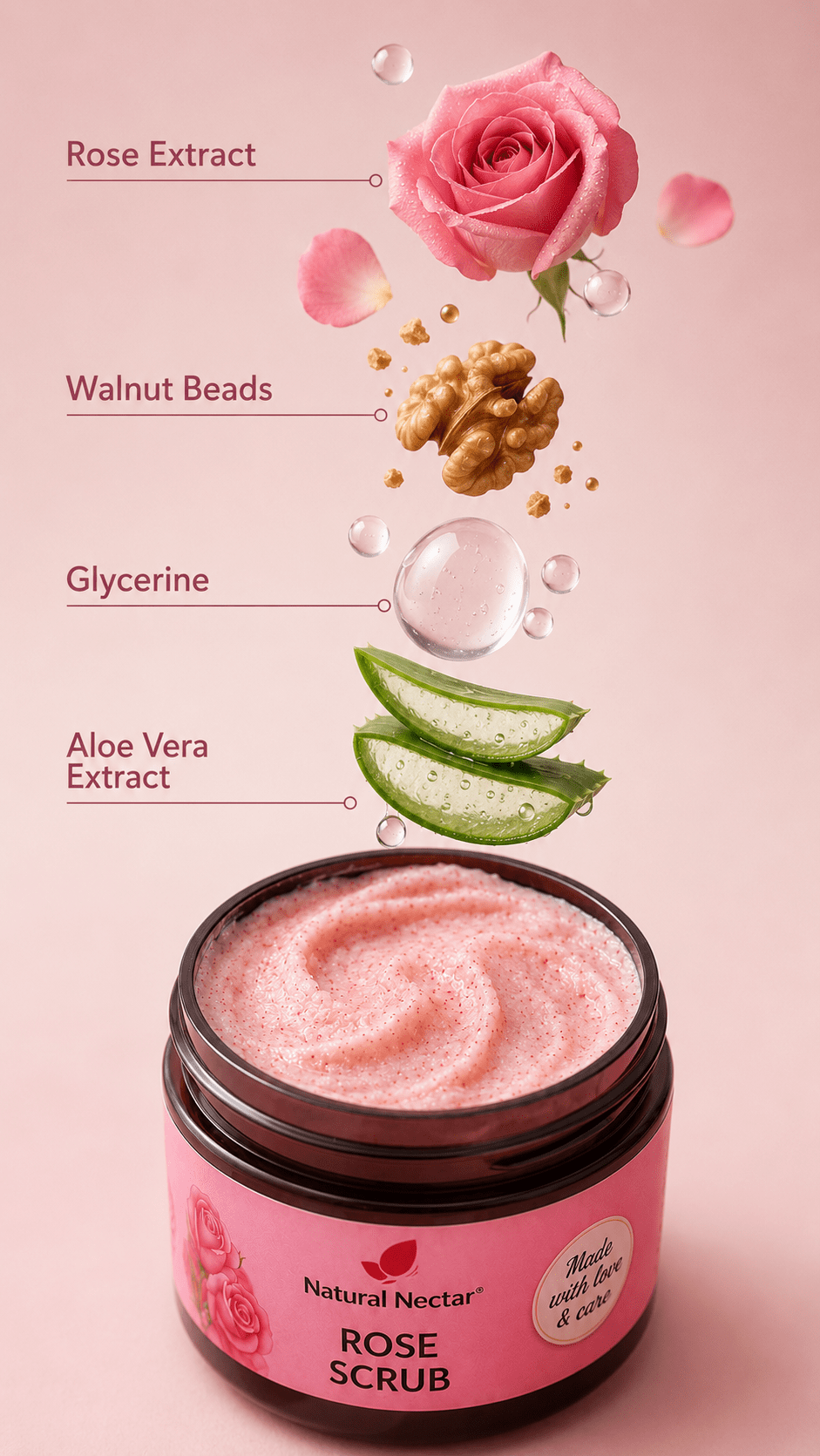 Natural Nectar Rose Scrub jar with pink exfoliating beads, surrounded by floating rose, walnut beads, glycerine and aloe vera graphics.