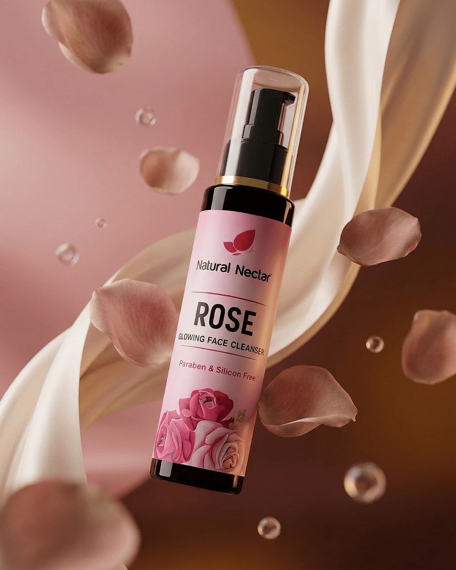 Natural Nectar Rose Glowing Face Cleanser bottle floating against a warm pink and bronze background, surrounded by drifting rose petals, cream silk fabric and water droplets.