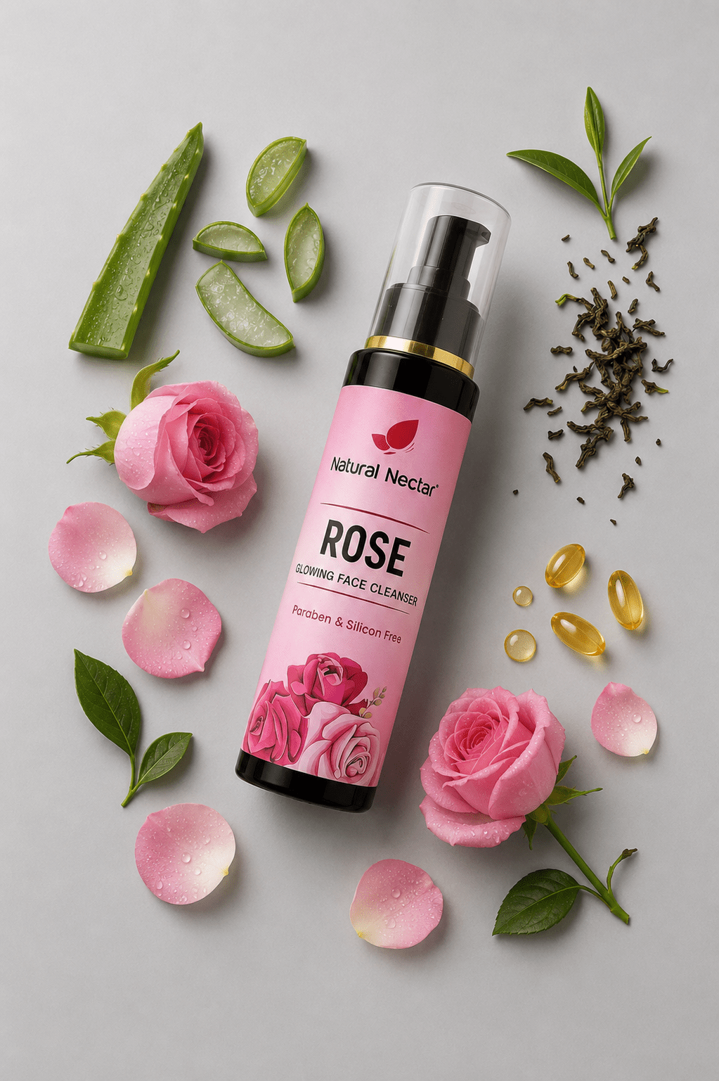 Flat-lay of Natural Nectar Rose Glowing Face Cleanser on a grey surface, surrounded by aloe vera slices, pink roses and petals, green tea leaves and vitamin E capsules.