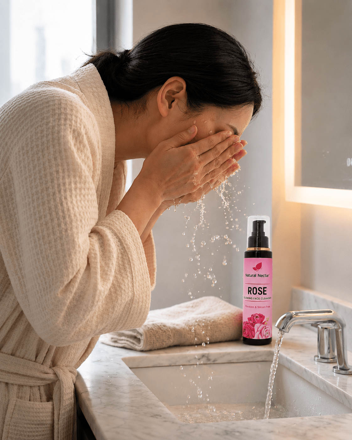 A woman in a cream robe splashing water on her face at a bathroom sink, with a bottle of Natural Nectar Rose Glowing Face Cleanser on the counter beside her.