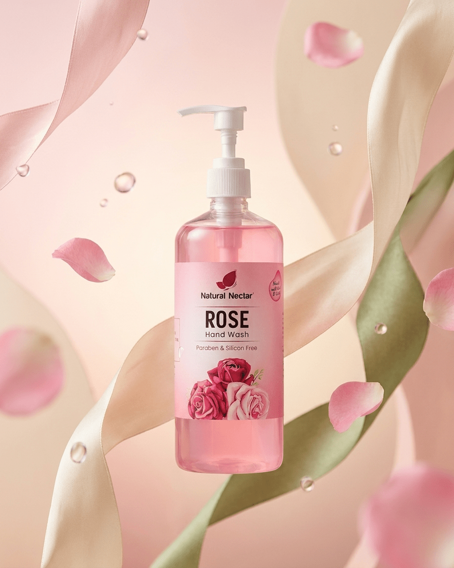 Natural Nectar Rose Hand Wash bottle with pale rose and botanical styling, cream fabric and neutral tones.