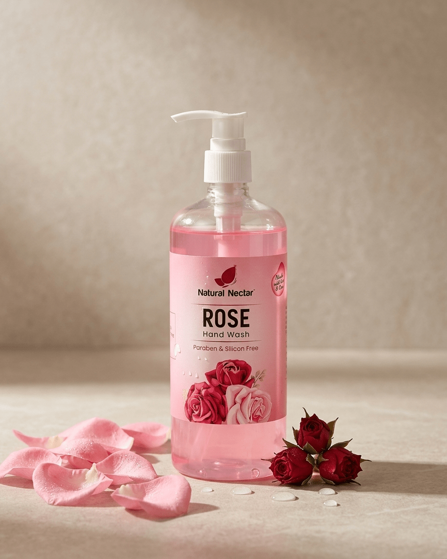 Close-up of Natural Nectar Rose Hand Wash bottle with pink liquid and rose design on cream background.