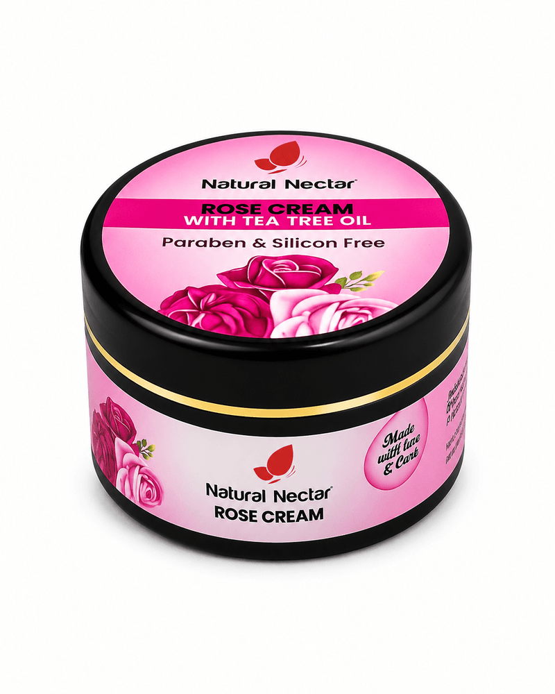 Natural Nectar Rose Moisturizer jar on neutral background showing product design and packaging.