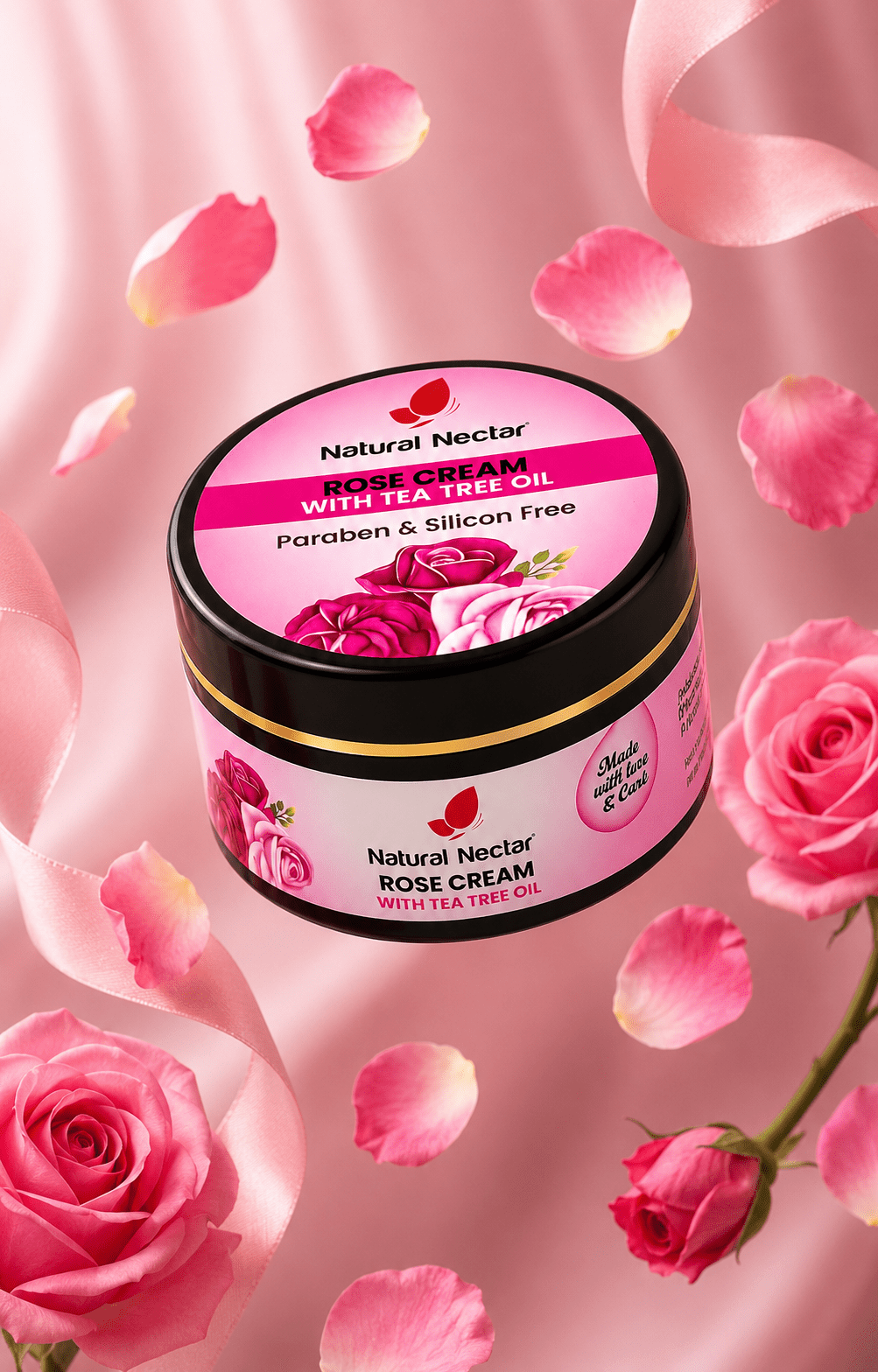 Natural Nectar Rose Moisturizer in lifestyle shot with soft rose and botanical styling.