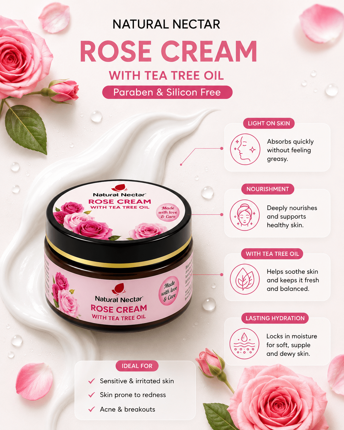 Natural Nectar Rose Moisturizer jar centered on soft background with botanical elements.