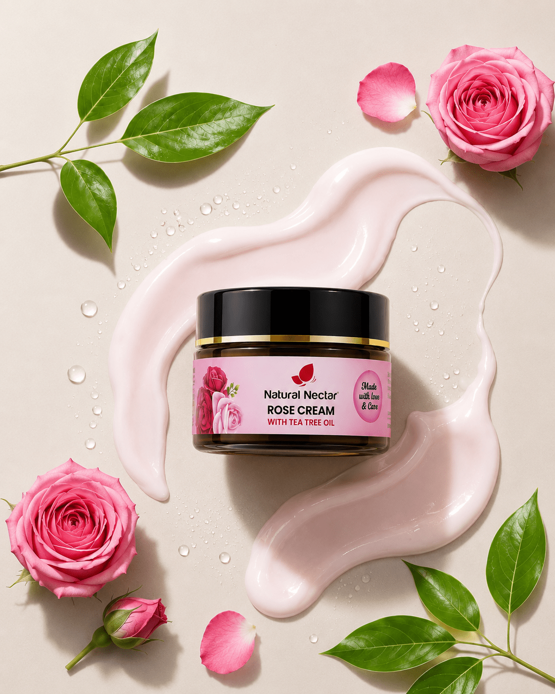 Natural Nectar Rose Moisturizer with rose-inspired styling and soft neutral background.