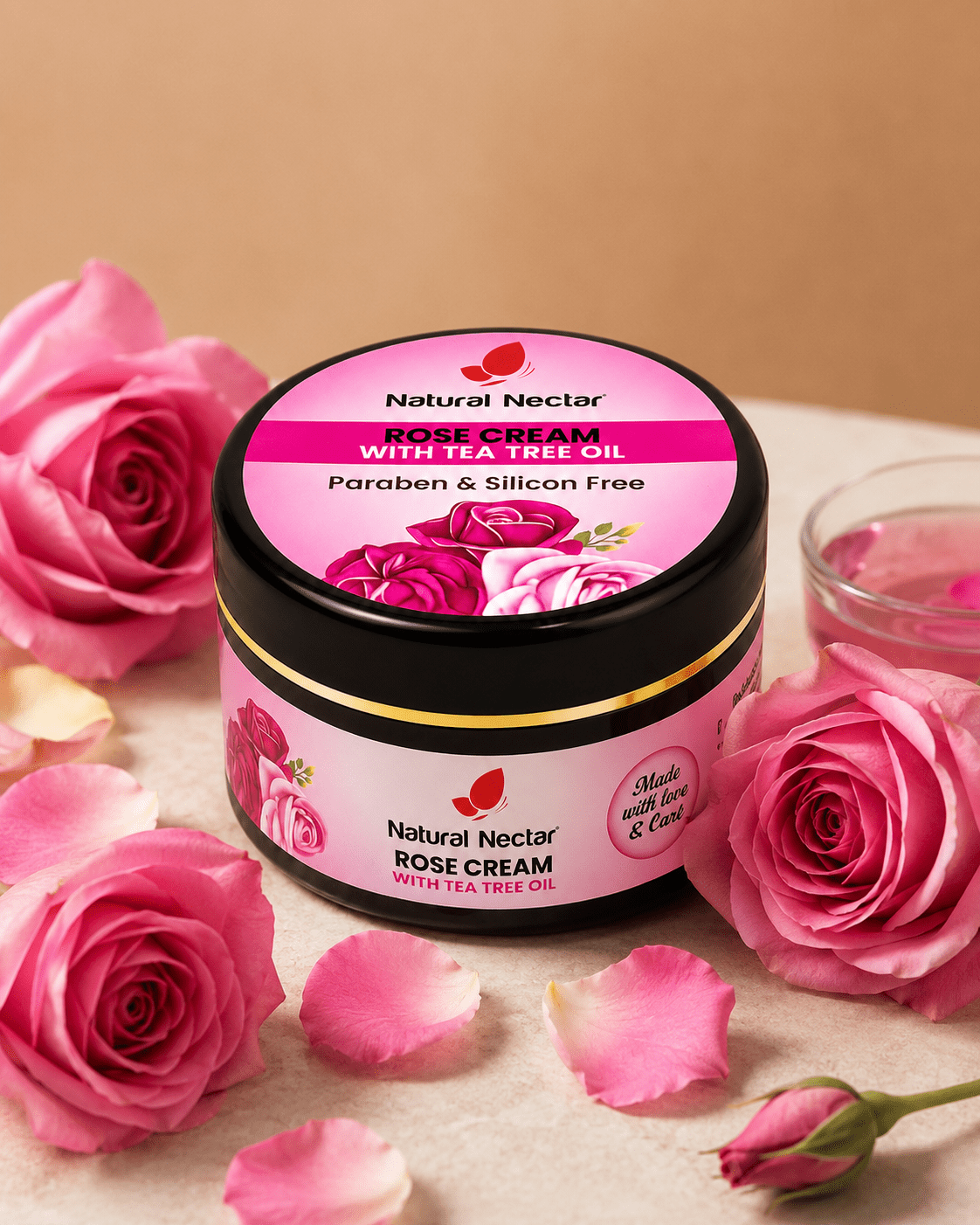 Natural Nectar Rose Moisturizer product shot with clear jar and cream-colored cream visible.