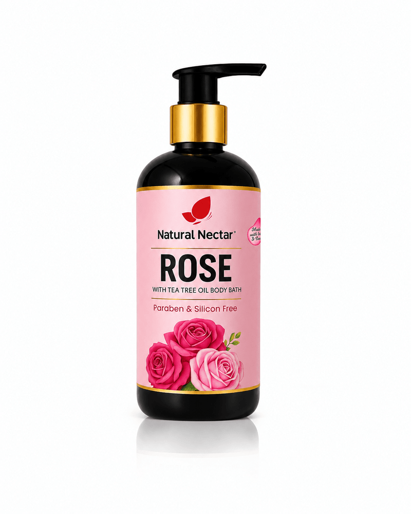 Natural Nectar Rose & Tea Tree Body Wash bottle on neutral background showcasing product design.
