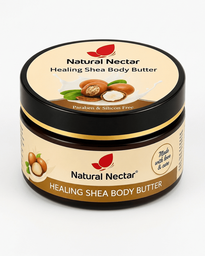 Natural Nectar Shea Butter Moisturizer jar in lifestyle shot with soft botanical styling.