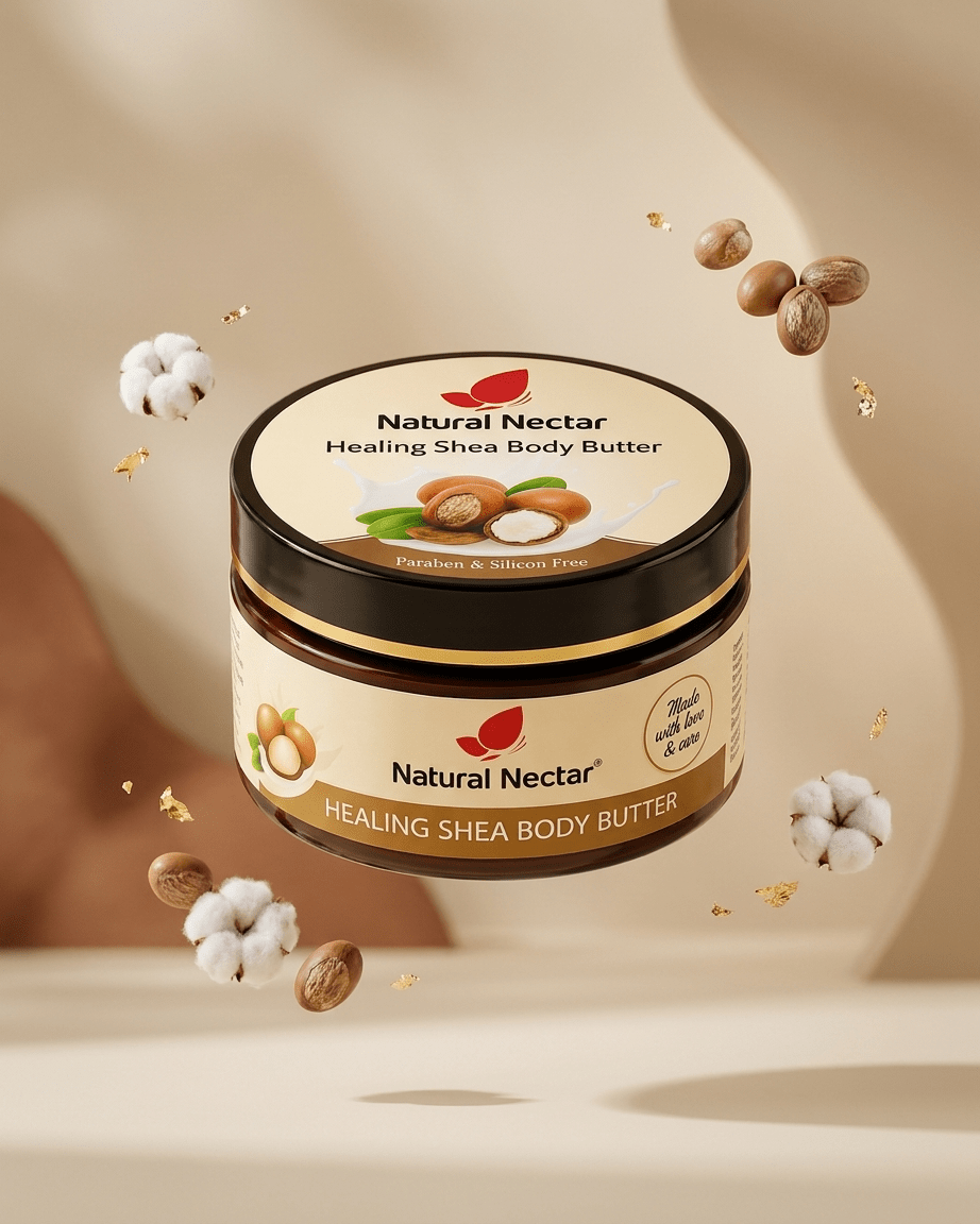 Natural Nectar Shea Butter Moisturizer jar on neutral background with botanical elements.