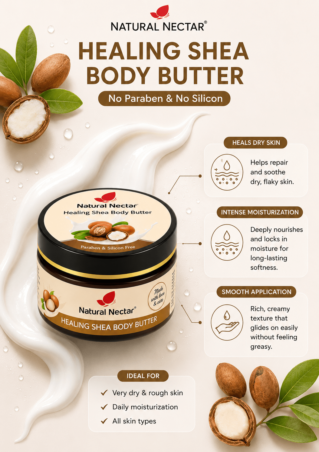 Natural Nectar Shea Butter Moisturizer in lifestyle composition with soft background.