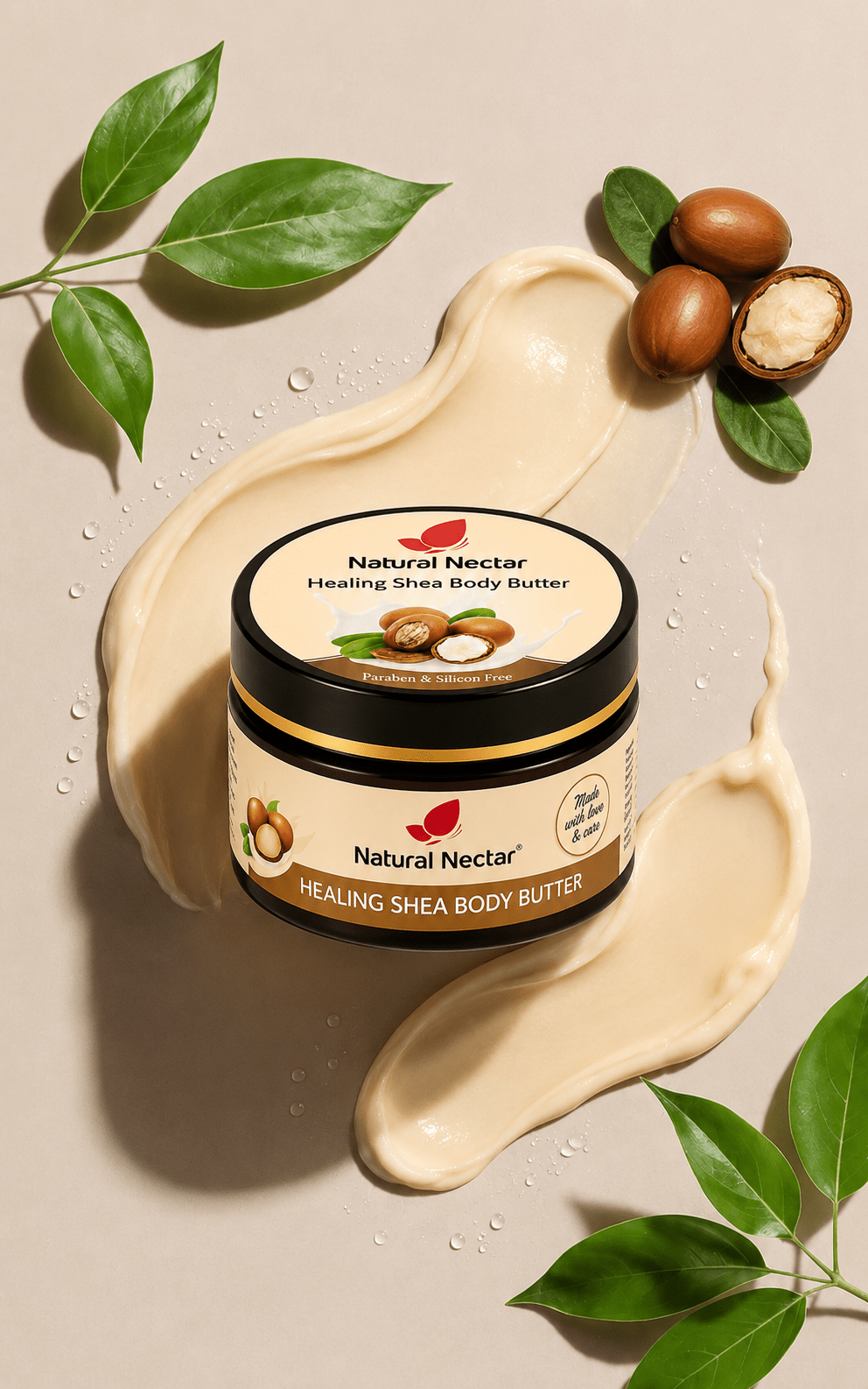 Natural Nectar Shea Butter Moisturizer jar centered with cream-colored moisturizer visible.