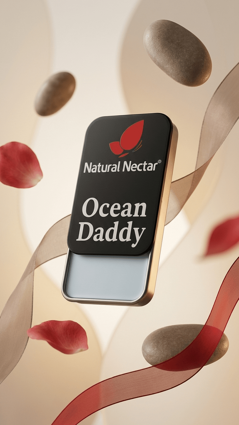 Natural Nectar Ocean Daddy Woody Musk Solid Perfume tin on neutral background showing product design.
