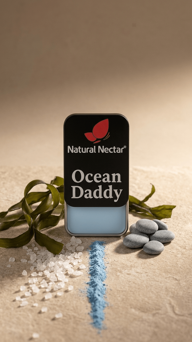 Natural Nectar Ocean Daddy Woody Musk Solid Perfume in lifestyle composition with wood-inspired elements.
